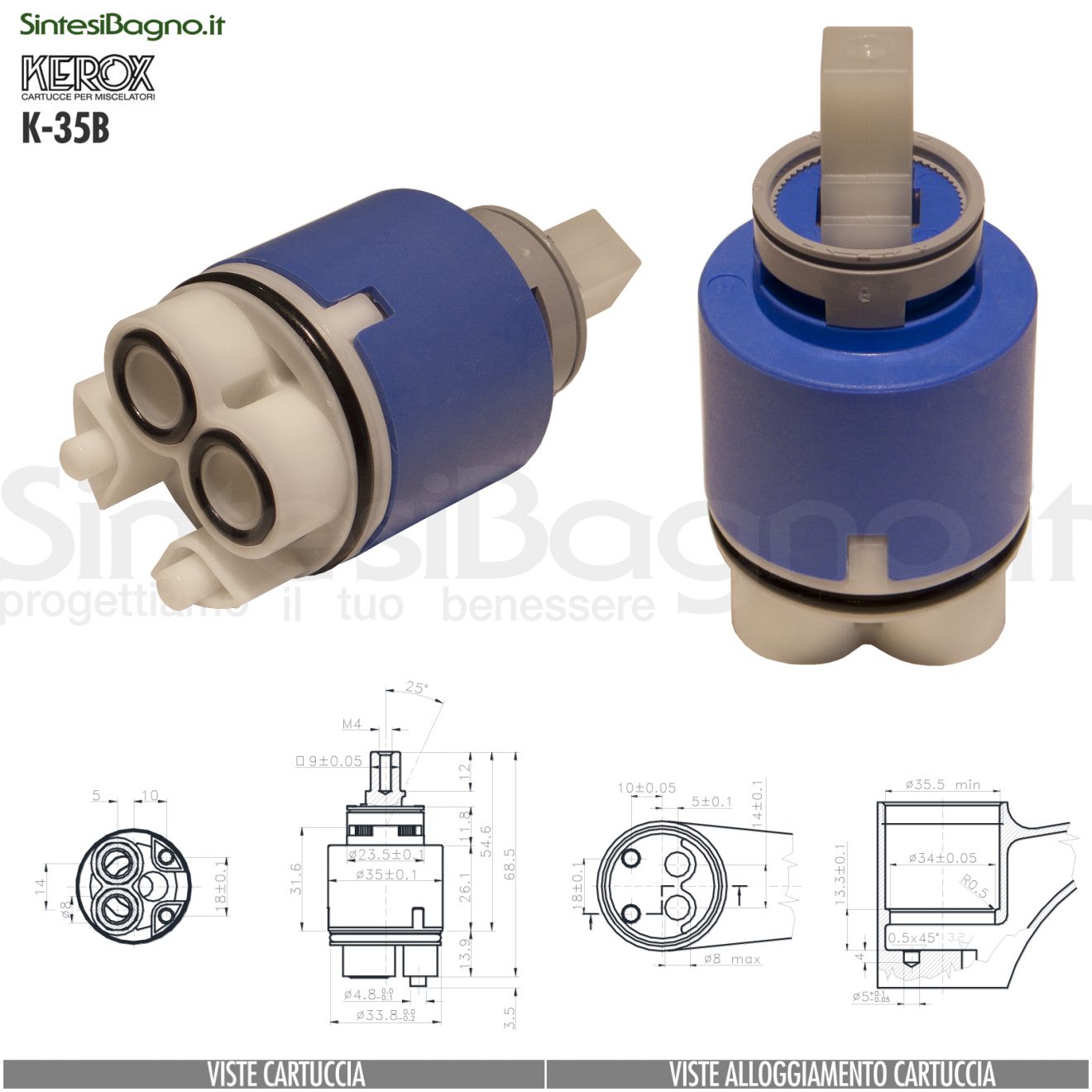 Cartuccia Kerox K35OP Bassa 35 Mm Per Miscelatore Monocomando – Dischi In Ceramica, 2 Piedini, Distributore, O-Ring – Per Cucina E Bagno